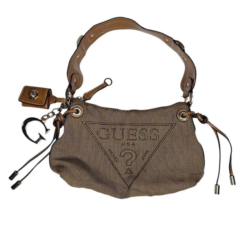 Guess Y2K Vintage Baguette Shoulder Bag Canvas Triangle Logo Tan McBling Charm